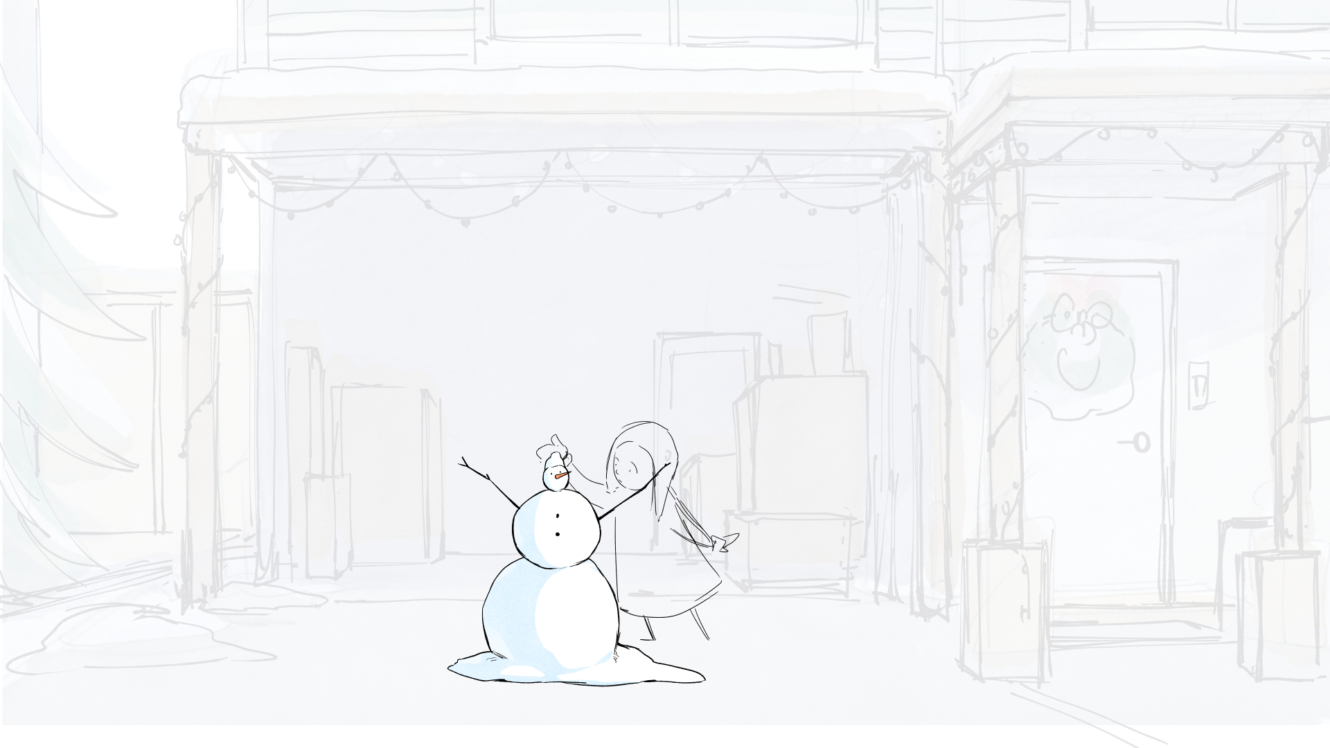 The wreath on the door in the background rough was much loved
by my classmates for its resemblance to a certain copyrighted character.
Winking. I tried to preserve that likeness in the final rendering,
but regretfully had to let him go.